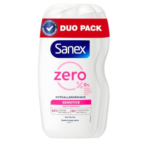 SANEX - Gel douche hypoallergénique Zéro% Sensitive - hydratation pendant 8 heures - testé sous contrôle dermatologique -Lot de 2 X 475 mL - Image 3