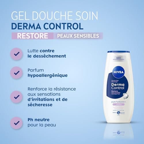 NIVEA - Gel Douche Corps Derma Control Restore - Douceur & Soin - Enrichi En Acide Hyaluronique Pur & Vitamine E - Parfum Hypoallergénique - pH Neutre - Peaux Sensibles - 250 ml - Image 4