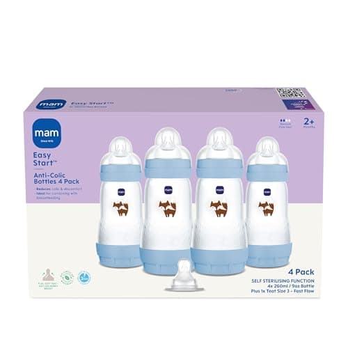 MAM Easy Start Self Sterilising MAM Size 2 Medium Flow Anti-Colic Bottles + 1 Size 3 Fast Flow Teat (Blue) - Image 3
