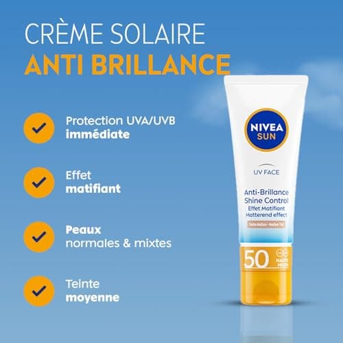 NIVEA SUN - Crème UV Visage Anti-Brillance Teintée FPS 50 - Protection UVA/UVB - Hydrate, Protège & Matifie - Antioxydant - Sans Silicone - Non Collant - Peaux Normales À Mixtes - Medium - 50 ml - Image 3
