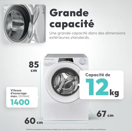 CANDY - Lave-Linge Hublot - Machine à Laver 12kg/1400 trs/min - Classe Énergétique A - 15 Programmes - WiFI+Bluetooth, Ecran Digital, Mix Power System - Blanc - 85 x 60 x 67 cm - Modèle RO14126DWMST-S - Image 5