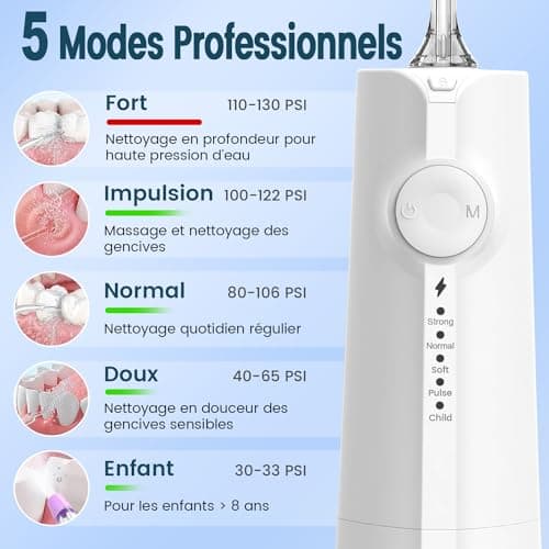 Portable Water Flosser Dental Jet Water Flosser, Oral Irrigator 5 Modes and 8 Nozzles, 300 ml Tank, USB Charged, IPX7 Waterproof, Sensitive Gum (White) - Image 3