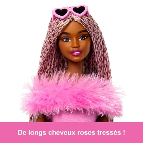 Barbie Deluxe Style Barbiecore Doll, Brown and Pink Braids, Faux Fur Neck Top Set, Fabric Trousers and Costume Accessories, HYV28 - Image 4