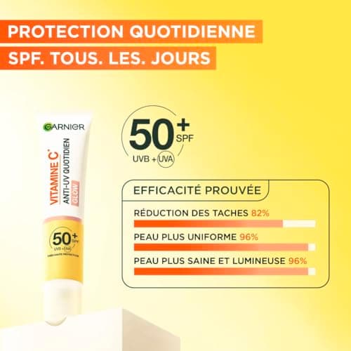 Garnier SkinActive - Fluide Anti-Taches & Anti-UV Quotidien - Glow - SPF 50+ - Protège, Réduit les Taches & Booste l'Éclat - Soin Visage Enrichi en Vitamine C - Tous Types de Peau - 40 ml - Image 3