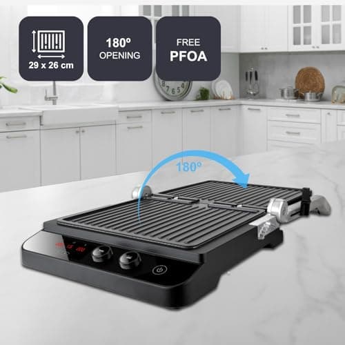 Black and Decker - Grill électrique 2 en 1 2000W, Plaque chauffante et grill, Ouverture à 180º, Contrôle de la température et du temps de cuisson, Écran LCD - Image 4