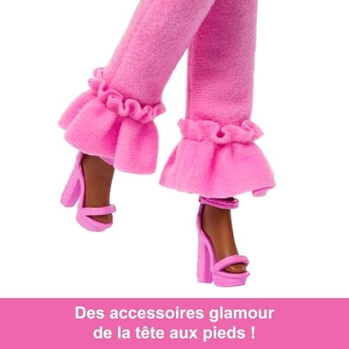 Barbie Deluxe Style Barbiecore Doll, Brown and Pink Braids, Faux Fur Neck Top Set, Fabric Trousers and Costume Accessories, HYV28 - Image 5