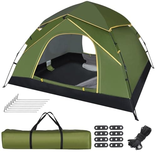 Camping Tent for 3-4 Person, Automatic Pop Up Tent with Double Doors Waterproof Windproof 3-4 Seasons Outdoor Tent for Family Trekking Camping Olive Green - Image 2