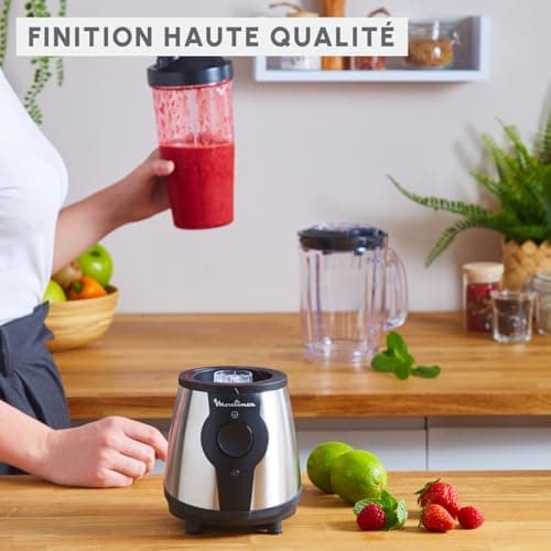 Moulinex Electric Blender Blender, Power 300 W, Plastic Bottle 750 ml, 4 Removable Blenders, Stainless Steel Finish, Fresh and Healthy Smoothies LM1B1D10, Black - Image 7