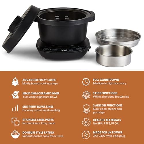 Yum Asia Kotori Donburi Mini Rice Cooker with Advanced Fuzzy Logic, Ninja Ceramic Bowl (1 Cup, 0.18L), 3 Rice Functions, 3 Multicooker Functions, LED Display, 220-240V (Charcoal Black) - Image 4