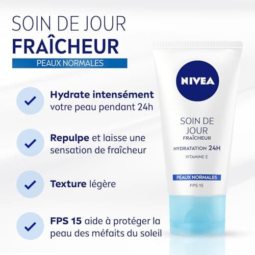 NIVEA - Soin De Jour Fraîcheur - Crème Visage FPS 15 - Hydratation Intense 24H - Repulpe & Rafraîchit - Vitamine E & Extrait De Lotus - Texture Légère - Peaux Normales - 50 ml - Image 3