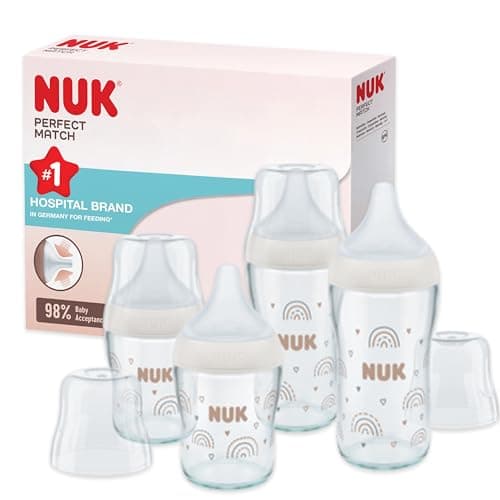 Nuk Perfect Match Glass Bottle Set 3+ Months, Fits Baby's Palate, Temperature Control, Anti-Colic Vent, 120 ml and 230 ml, Silicone Teats, Rainbow, 4 Pieces - Image 2