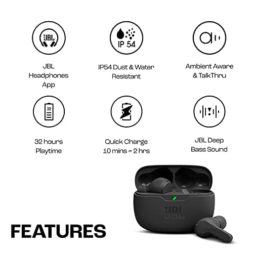 JBL Wave Beam, Écouteurs Intra-Auriculaires sans Fil, Résistance à l'Eau IP54 et IPX2, Appels Mains Libres et Batterie à Autonomie de 32 heures, en Noir - Image 4