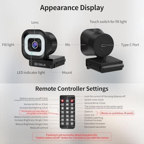 TOALLIN 4K Webcam with Ring Light, Remote Control, Auto Focus PDAF, 12 Million Pixels, Built-in Dual Microphone, 5X Digital Zoom, Webcam for Live Streaming and Video Calls - Image 8
