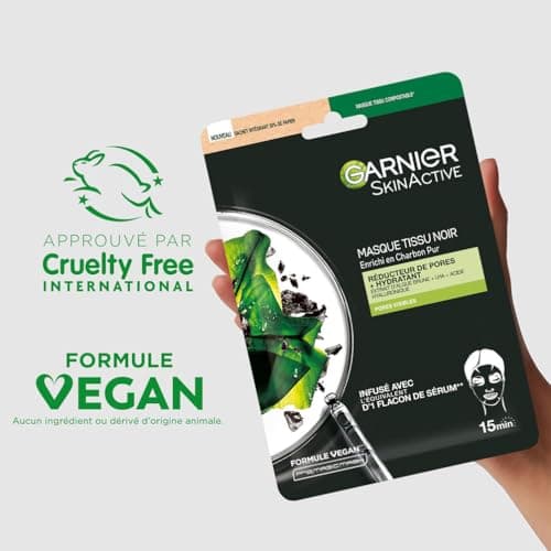GARNIER Skin Active - Masque Visage Tissu Charbon Végétal - Réducteur De Pores & Hydratant - Charbon Pur, Acide Hyaluronique, LHA & Algue Brune - Vegan & Cruelty Free - Peaux Sensibles - x1 - Image 7