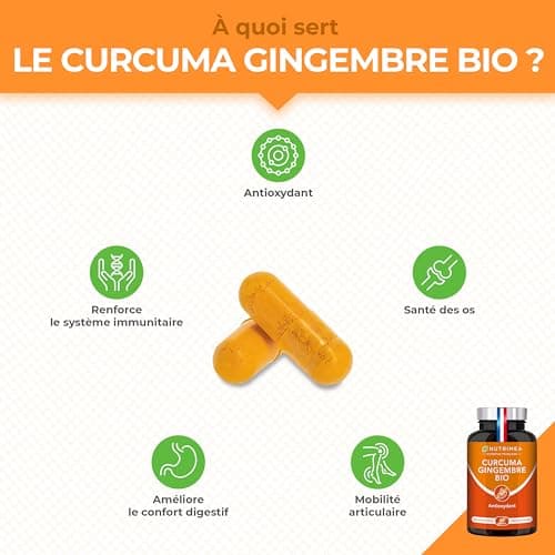 CURCUMA - Extrait de Curcuma BIO Titré à 95% en Curcuminoïdes - Avec Gingembre BIO - Anti Inflammatoire & Antioxydant - Douleurs Articulaires - Nutrimea - 60 Gélules Vegan - Fabriqué en France - Image 4