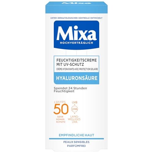 Mixa 50ml UV 50 Moisturiser for Sensitive Skin, UVB + UVA + Long UVA Protection, SPF 50, with Hyaluronic Acid, Suitable for Face and Neck, Hypoallergenic, 50 ml - Image 2