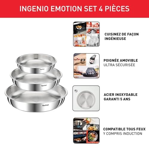 Tefal Ingenio Emotion, Cookware, Stainless Steel, Frying Pans 22/24/28 cm, Removable Handle, Stackable Design, Induction, L8968445 - Image 4