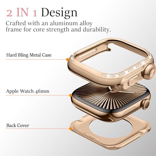 Amizee 2 in 1 Metal Bling Case Compatible with Apple Watch Series 11/10 46mm with Women, Shine Diamond Protector Metal Bumper Cover for iWatch 46mm, Rose Gold/White - Image 5