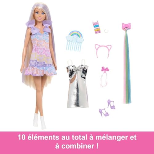 Barbie Fun & Fancy Doll with Accessories, Blonde Doll with Extra Long Hair and 2 Outfits, Including Metallic Silver Dress, and Hair Extension, JCT72 - Image 4