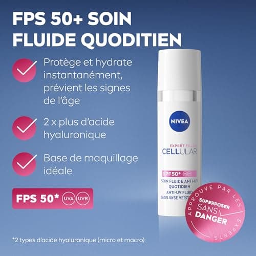 NIVEA Cellular Expert Filler Soin Fluide anti-UV quotidien SPF 50+ (1x 30 ml) — Soin visage enrichi en Acide Hyaluronique pur et Licochalcone A — Fluide Anti-âge hydratant - Image 3