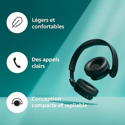 Philips TAH4209BK Casque sans Fil Supra-aural Bluetooth léger, Isolation phonique Passive, 55 Heures d’autonomie, Son Naturel, appels clairs, Basses dynamiques, Recharge en 2 Heures Via USB-C - Noir - Image 8