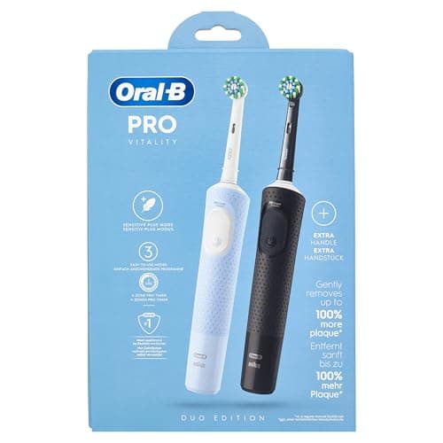 Oral-B Vitality Pro Lot de 2 brosses à dents électriques 3 modes de brossage pour soins dentaires, Designed by Braun, bleu/noir - Image 3