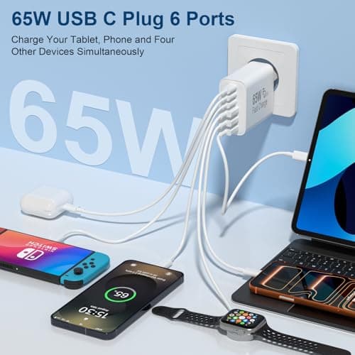 Chargeur USB C, 65W 6 Port Prise USBC Chargeur Rapide iPhone, Multiple Secteur Double PD+QC 3.1A Type C Adaptateur pour iPhone 17 16 15 14 13 12 11 Plus Pro Max X XS XR 8 7 SE, pour iPad,pour Samsung - Image 3