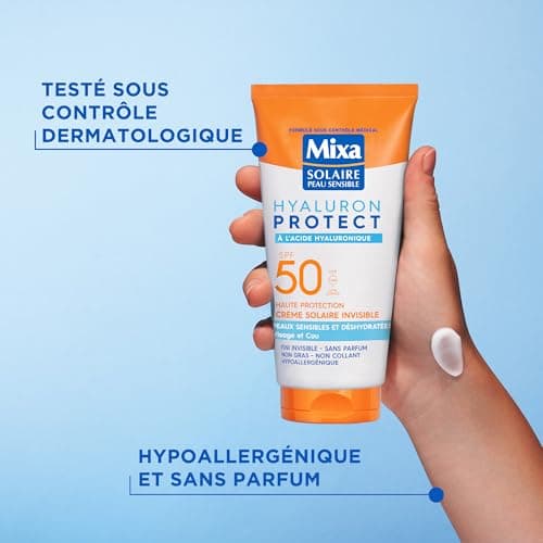 Mixa Solaire Peau Sensible - Crème Solaire Invisible à l'Acide Hyaluronique - Haute Protection SFP50 UVA, UVA longs, UVB - Peaux Sensibles et Déshydratées - Visage et Cou - Hypoallergénique - 50 ml - Image 6