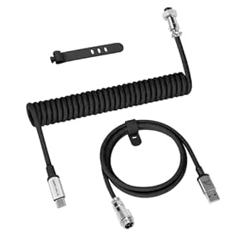 ATTACK SHARK C01 PRO USB C Coiled Gaming Keyboard Cable, Type-C to USB-A, Double Sleeve Braided Mechanical Keyboard Charging Cable with Removable Aviator Connector, Black