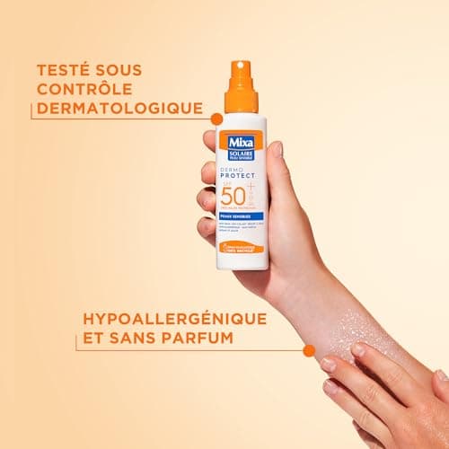 Mixa Solaire Peaux Sensibles - Spray Soin Solaire Très Haute Protection SPF 50+ UVA, UVA longs, UVB - Visage et Corps - Adultes et Enfants - Résistant à l'Eau et au Sable - Hypoallergénique - 150 ml - Image 6