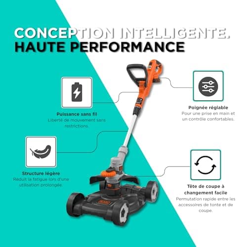 BLACK+DECKER Coupe-Bordures sans Fil 18V POWERCONNECT 3-en-1 – Coupe-Herbe, Dresse-Bordures & Tondeuse légère pour Petits Jardins – STC1820CM-QW - Image 7