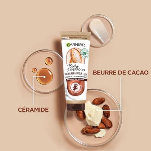 Garnier Body Superfood - Baume Mains Réparateur 48H au Beurre de Cacao & Céramide - Formule Vegan à 98% d'Ingrédients d'Origine Naturelle - Pour Mains Extra Sèches - 75 ml - Image 4