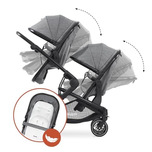 hauck Atlantic Twin Double Stroller - From Birth up to 15 kg per Child - 2 Carrycot Convertible to Reclining Seats - Foldable - Height Adjustable - Rubber Wheels, Heather Grey - Image 7