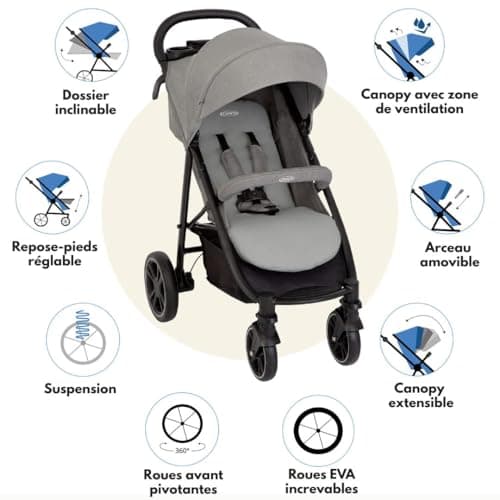 Graco EezeFold DLX - Compact Lightweight Stroller | One Hand Folding, 4 Wheel Suspension, Lying Position, Large Basket - Lunar Grey - Image 3