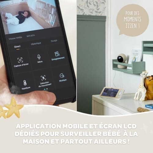 BÉABA, Babyphone, Ecoute Bébé Vidéo 2 en 1, Ecran/Application mobile dédiée, Caméra HD, Rotation à 360°, Vision Nocturne, Talkie Walkie, Berceuses, Contrôle température et humidité, Zen Premium Argile - Image 4
