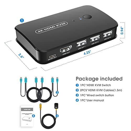 KVM Switch 2 PC 1 Monitor, HDMI and USB KVM Switch, 4K@30Hz, KVM Switches Sharing Monitor and 3 USB Device, 2 KVM Cables Included - Image 4