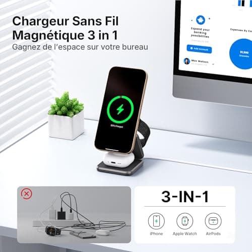Wireless Induction Charger, 3 in 1 Mag-Safe Charger [Zinc Alloy] Foldable Magnetic Travel Charging Station for Apple iPhone 16/15/14/13/12/Pro/Max/Plus Apple Watch AirPods, Grey - Image 5