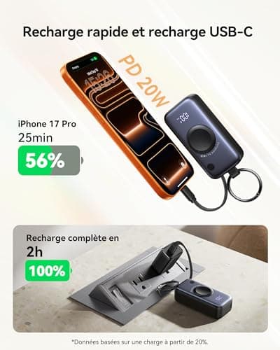 INIU Power Bank for Apple Watch, 5000 mAh Mini Portable Charger, External Battery with Integrated Cable, Slim Battery with Keychain and LCD for iWatch 10/9/8/Ultra2/Ultra/SE, iPhone 16/15 etc - Image 4