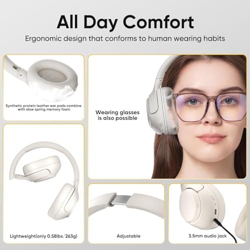 QCY H3 Wireless Bluetooth Headphones, with Active Noise Cancellation, Hi-Res Audio LDAC, Noise Cancelling Headphones, Multipoint Connection, 60 Hours Playback, Customised Equalizer via App, White - Image 7