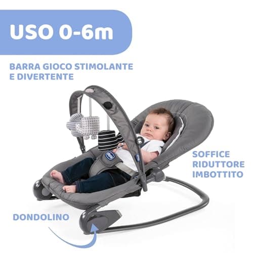 Chicco Hooplà Adjustable Baby Bouncer for Babies from Birth to 18 kg, Fixed or Rocker Position, with Play Bar, Adjustable Backrest and Reducing Cushion, Compact Closure, Moon Grey - Image 4