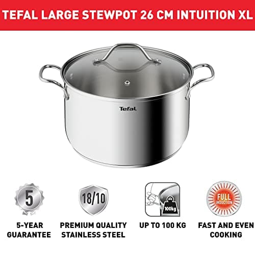 Tefal Intuition XL B8646304 Large Stainless Steel Cooking Pot 26 cm / 6.5 L, Induction, 5 Year Warranty, Premium 18/10 Stainless Steel, Size XL, Sturdy Handles, Glass Lid - Image 6