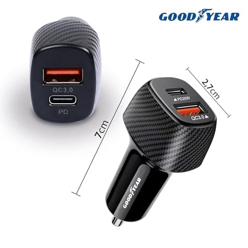 Goodyear 1 USB Q.C 3.0 & 1 USB-C PD20 W, Fast Mobile Charging, Car Cigarette Lighter Socket, 2 USB Ports/USB-C - Image 3