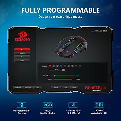 Redragon Wireless Gamer Mouse, Rechargeable Wireless Mouse with 8000 DPI, Ergonomic, RGB, 9 Buttons Programmable with Fire Button, 70 Hours, Gaming Mouse for Windows and Mac – Black - Image 6