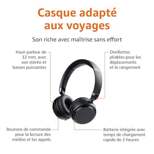 Amazon Basics Casque supra-auriculaire Bluetooth sans fil - 35 heures d’autonomie - Noir - Image 3