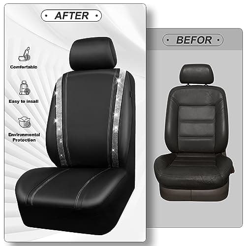 CAR PASS Waterproof Leather Car Seat Covers, Bling Diamond Shiny Sparkling Crystal, Universal for 95% of All Automobiles Trucks SUV Women Men (Front, Silver) - Image 6