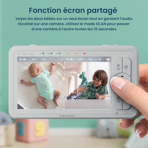 Babysense Baby Monitor HD Video Monitor - 5" Split Screen Baby Monitor with 2 720P Cameras, Two-Way Audio Talk, Long Range, Adjustable Nightlight, Night Vision, Lullabies - Image 3