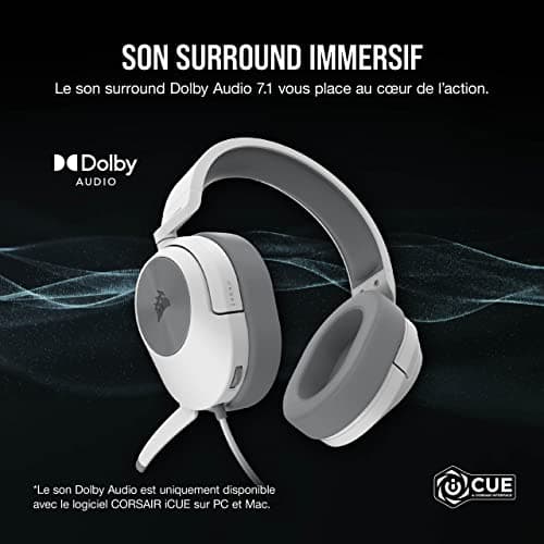 Corsair HS55 Surround Lightweight Multiplatform Wired Gaming Headset - Dolby 7.1 Surround Sound - iCUE Compatible - PC, Mac, PS5, PS4, Xbox, Nintendo Switch, Mobile - White - Image 3