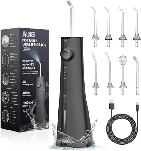 Portable Water Flosser Dental Jet Water Flosser, Oral Irrigator 5 Modes and 8 Nozzles, 300ml Tank, USB Charged, IPX7 Waterproof, Sensitive Gum (Black) - Image 3