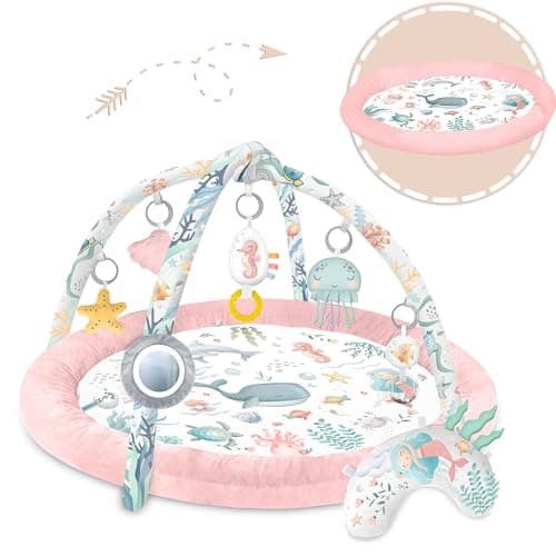 Nukido Baby Play Mat with Removable Arches 7 Multifunctional Toys Soft Cushion Sensory Development Hand Eye Coordination Pink Ocean - Image 4