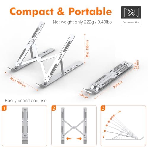 GRIFEMA GB1054 Adjustable Laptop Stand, Foldable Aluminum PC Stand 6 Levels Height, Compatible with MacBook Air/Pro, Dell 10-17.3 Inch, Lightweight and Stable – Silver - Image 5